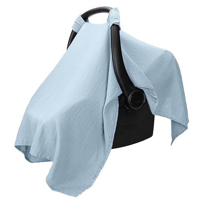 Comfy Cubs Baby Car Seat Cover - Soft, Breathable Bamboo Rayon and Muslin Cotton Blend - Lightweight Canopy for Sun, Bug, and Comfort Protection - Large Size Infant Seat Cover in Sky Blue Design