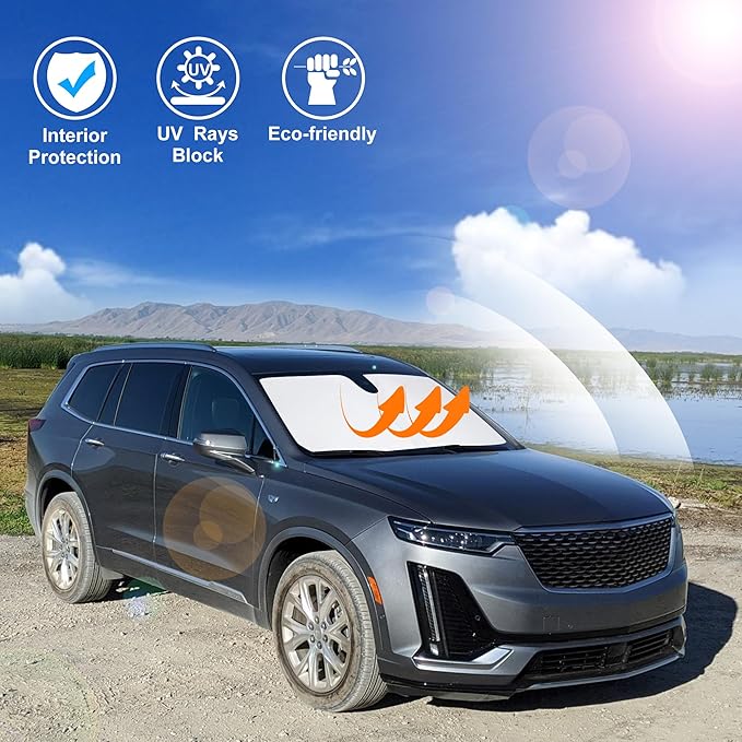 Windshield Sun Shade Custom Fit for 2020-2024 2025 Cadillac XT6 Accessories Foldable Sunshade Sun Blocker Protect Car from Sun Rays & Heat Damage Keep Car Cooler