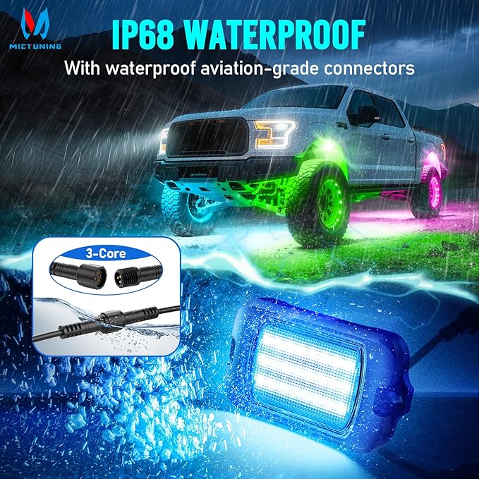 MICTUNING Q1+ MAX 12 Pods Ultra-Bright RGB+IC Rock Lights, Multi-Color Chasing Underglow Lighting, Extensible to 24 Pods, APP Music Sync & DIY Effects, IP68 Waterproof