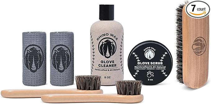 Rhino Wax - Baseball Gloves Complete Cleaning Kit - Glove Scrub for Deep Dirt Removal + Base Ball Mitt Cleaner for Gentle Routine Maintenance - Includes 2 Brushes + Microfiber Cloths - Made in the USA
