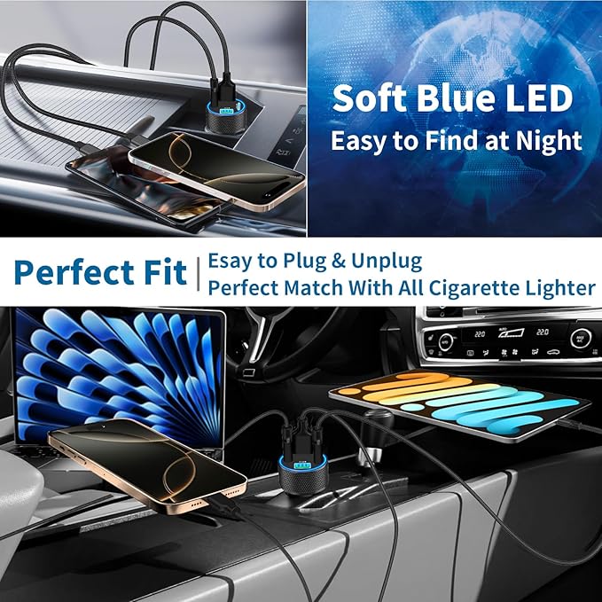 USB C Car Charger, Stuffcool 90W Dual USB-C & USB-A Car Power Adapter 4-Port PD/QC Type C Fast Charge Cigarette Lighter Carplay Charger for iPhone 17 17 Pro Max 16 15 14 13 12 11/Galaxy S26 S25/Pixel