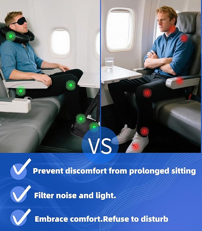 Portable Ultimate Comfort Set for Plane Sleep Kit at Plane Inflatable Travel Pillows Foot Rest Hammock Eye Mask Ear Plugs for Airplane Essentials for Seat Airplane Gadgets for Sleep Comfort (F)