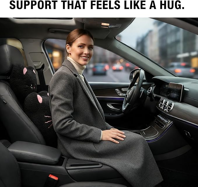 Cute Plush Black Cat Car Seat Headrest and Lumbar Support Pillow Set, Soft Neck Cushion for Driving Comfort, Set of 2