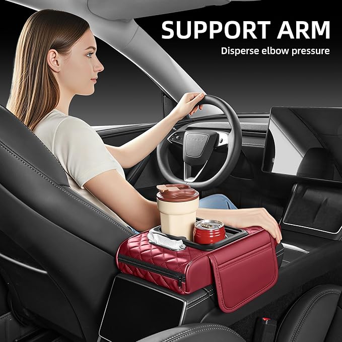 5 in 1 Car Center Console Cover, Armrest Pad with 2 Storage Pockets, Cup Holder, Tissue Box Slot, Phone Holder, Universal Car Interior Organizer (Burgundy)