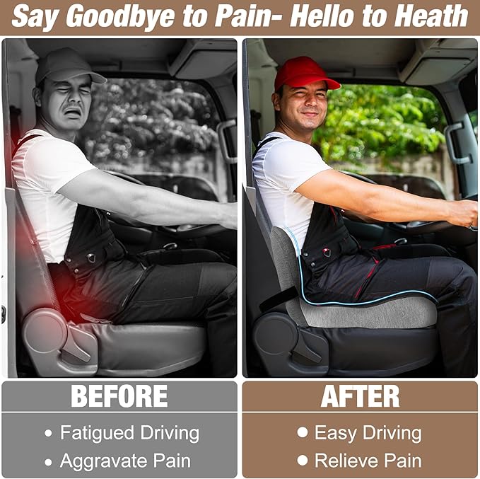 MYFAMIREA Truck Seat Cushion, Memory Foam Trucker Seat Cushion for Truck Driver Long Sitting with Adjustable Strap, Back Support and Pain Relief for Trucker Driving Car Office Chair and Pain