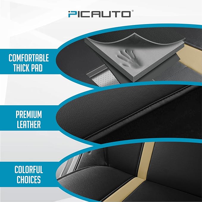 PIC AUTO Leather Car Seat Covers, Premium Automotive Waterproof Front & Rear Full Set Bucket Car Seat Protectors, Black and Beige PVC Patchwork, Fits for Cars, Trucks, Van, SUV, Airbag Compatible