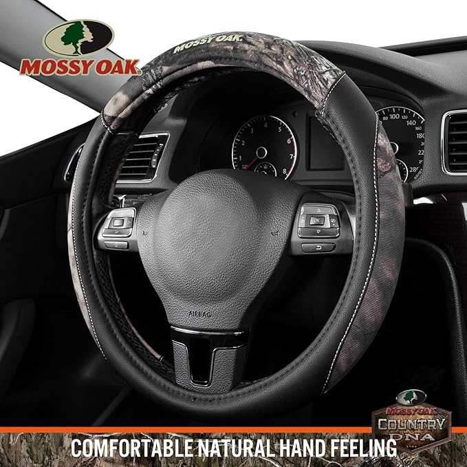 Mossy Oak Camo Steering Wheel Cover - PU Leather and Cotton Twill, Universal Fit 14 1/2 inches to 15 inches - Officially Licensed Product