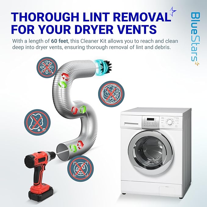 BlueStars 60-Feet Dryer Vent Cleaner Kit with Drill Attachment — Flexible Lint Remover Brush, Extends Up to 60 ft, Works with or Without Power Drill