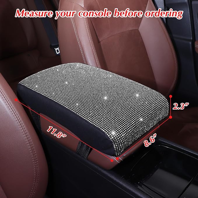 Bling Car Armrest Cover with Memory Foam Cushion Pad & Rhinestones, Universal Diamond Center Console Cover for Cars, Bling Middle Console Cover, Bling Car Accessories for Women, White