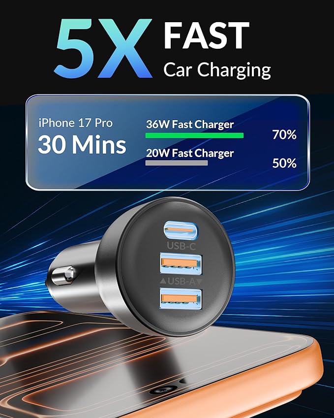iPhone 17e 17 16 15 Pro Max Car Charger Fast Charging, 70W 3-Port USB C Car Charger Cigarette Lighter Adapter Accessories & 3FT USB C Cable for iPhone 17e/17/17 Pro Max/Air/16/16e/15 Pro/Plus, iPad