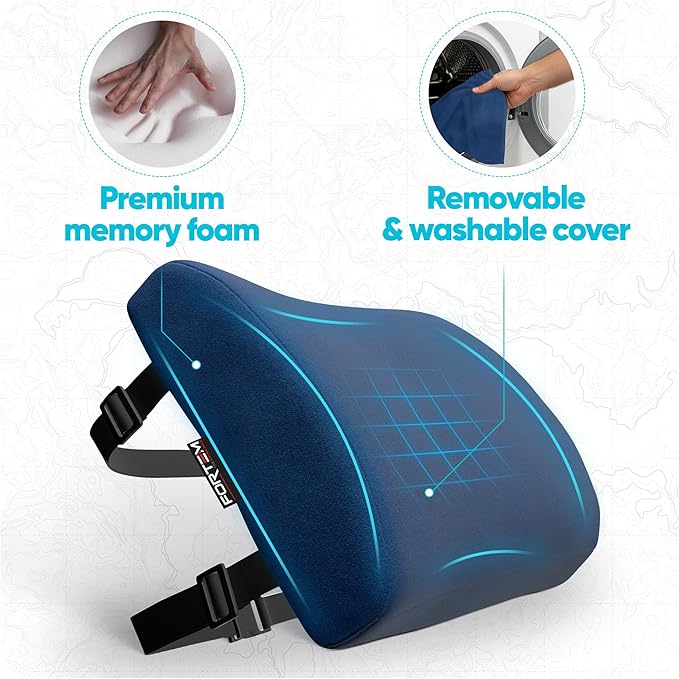 FORTEM Lumbar Support Pillow for Office Chair, Lumbar Support Pillow for Car, Back Rest for Gaming, Memory Foam Pillow, Desk Chair Cushion, Breathable & Washable Cover, Adjustable Straps