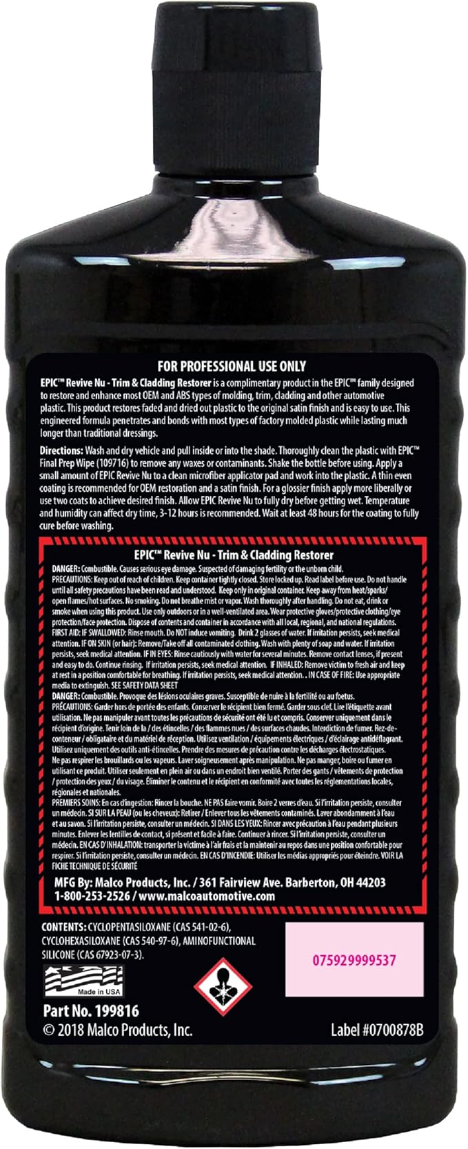 Malco Epic Revive Nu Plastic Trim & Cladding Restorer - Restores Faded and Dried Out Plastic/Vinyl and Rubber Back to Black or Gray Finish / 16 Oz (199816)