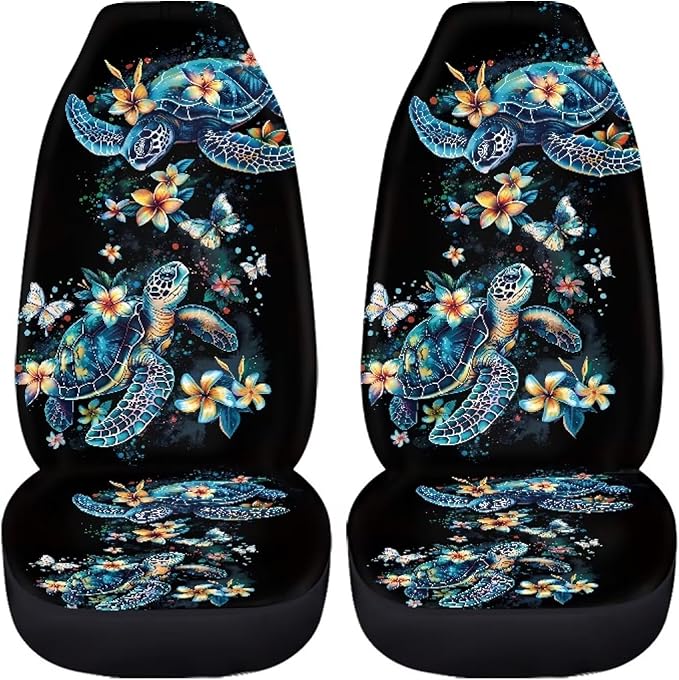 Car Seat Cover Set of 2 Car Seat Covers,Breathable Soft Bucket Seats High Back Seats Protector Cushion Universal Fit Most Vehicle Interior Set(Blue Sea Turtle with Fresh Flowers 51)