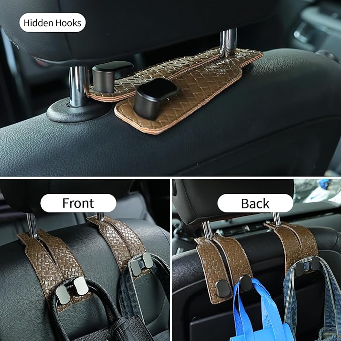 KINIVA Car Seat Headrest Storage Hooks, Set of 2, Suede PU Leather, Double Hooks (07-Khaki)