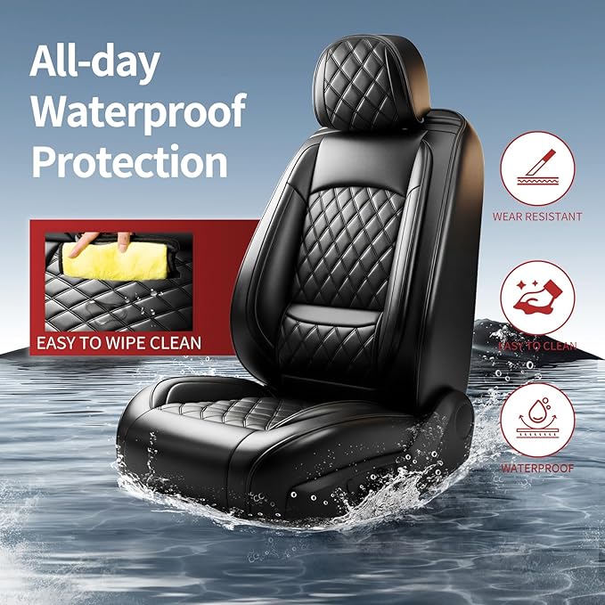 Santa Fe Seat Covers Custom Fit for Hyundai Santa Fe 2010-2026 (Only 5-Seat Version) - Full Set Premium Leather, Waterproof, All-Weather, Airbag Compatible, Only 2 Front seat Covers (Black)