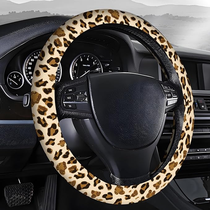 Steering Wheel Covers for Car, Truck, and SUV, Cute Non-Slip Breathable Elastic Steering Wheel, Car Accessories, Universal 15 Inch Leather Cover for Men Women Brown Leopard