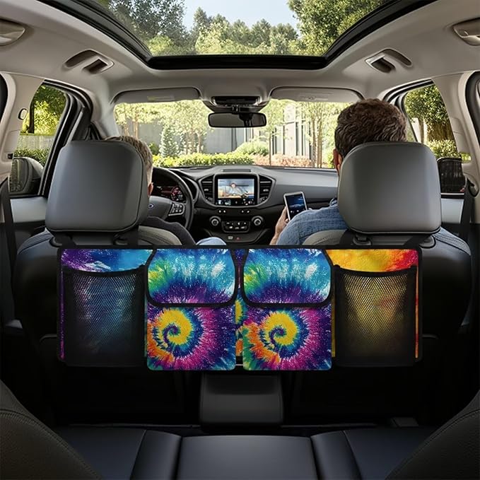 Rainbow Tie Dye Print Large Capacity Trunk Organizer Car Hanging Cargo Storage Bag, 4 Compartments, Multi-color
