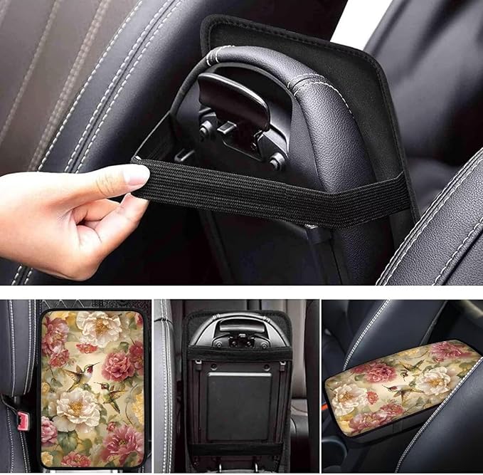 Flower Cute Hummingbirds Auto Armrest Box Cover Car Arm Rest Seat Storage Box Mat Arm Rest Cushion Pads Dog & Cat Paws Protector for SUV/Truck Vehicle