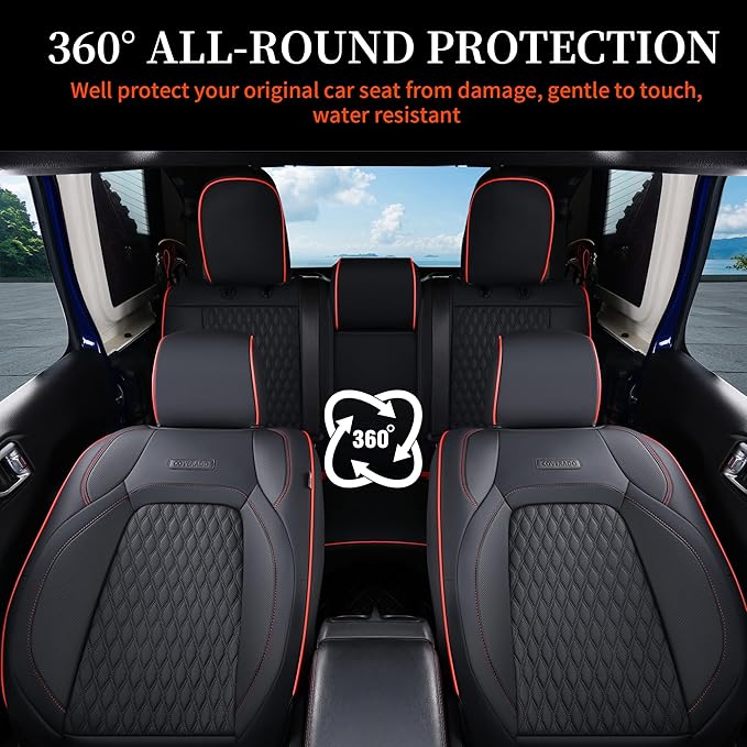 Coverado Seat Covers for Jeep Wrangler, Waterproof Leather Seat Covers Accessories Custom Fit JL 2/4 Door Car Seat Cover Protector Cushion Full Coverage Unlimited X Rubicon Sahara 2018-2024 (Red Line)