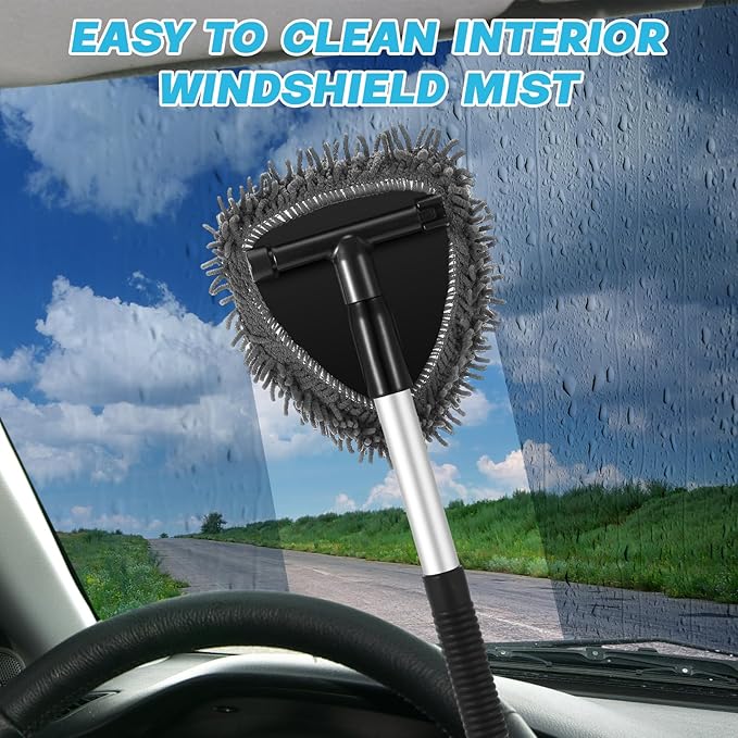 Baderke 9 Pcs Car Windshield Cleaner Tool Kit with with Extendable Handle, Microfiber Towel Pads, Sponge, Ventilation Brush, Empty Spray Bottle for Auto Glass Wiper Suvs Rvs & Home Windows(Grey)