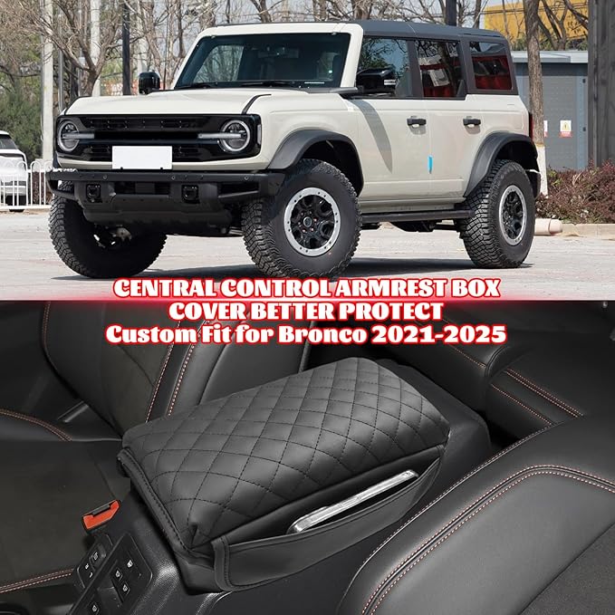 Center Console Armrest Cover Compatible with Ford Bronco 2021-2025 2/4-Door Leather Arm Rest Lid Protector Cushion Pad with Side Pockets Interior Accessories Prevent Scratching Black