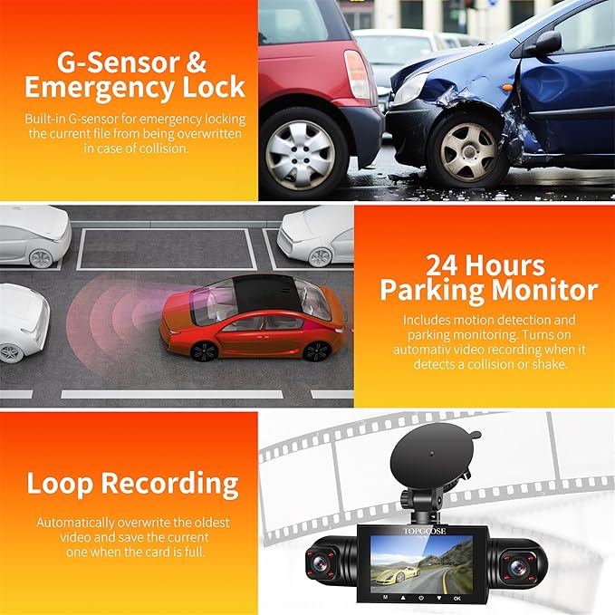 360 Degree View 4 Channel Dash Cam Front and Rear Inside Left Right, TOPGOOSE Dash Camera for Cars FHD 1080P,Free 64GB Card,Multi-Ch Dash Camera for Cars,Black Box Trafflc Recorder,G-Sensor