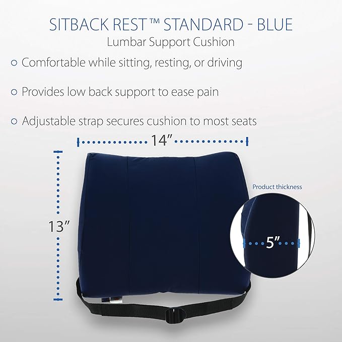 Core Products Sitback Rest Cushion Lumbar Support for Lower Back & Office Chair, Adjustable Strap Standard Foam - Blue