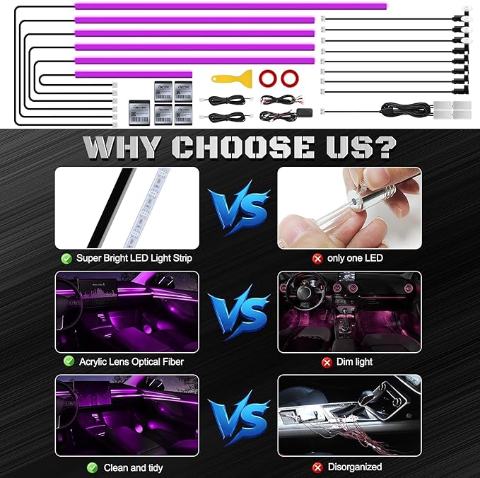 RGB Acrylic Interior Car LED Strip Light with Wireless APP, 18 in 1 with 175 inches 593 LEDs Neon LED Strip Light, 16 Million Colors Dynamic Music Sync Car Ambient Lighting Kits
