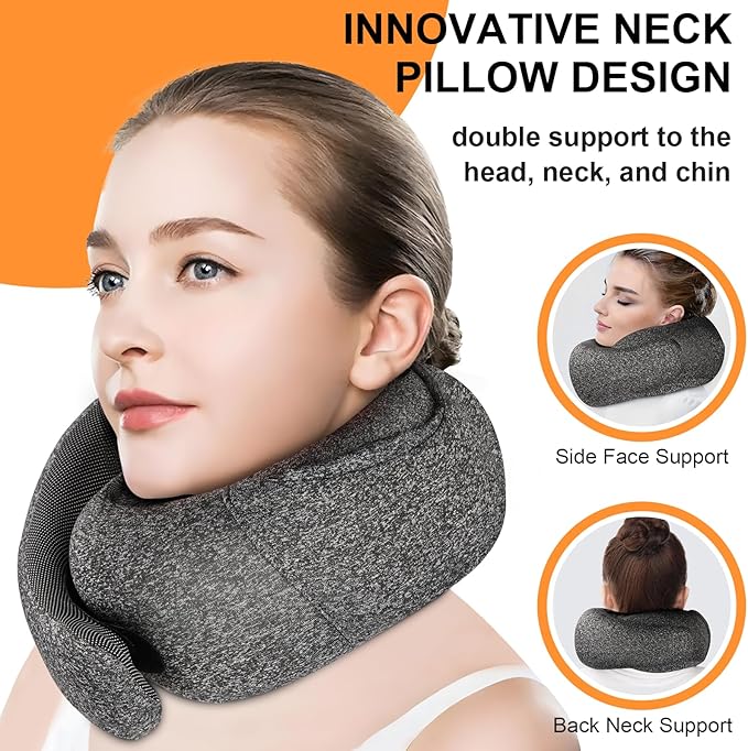 Travel Pillow - Hooded Neck Pillow Airplane Memory Foam Filling for Plane, Office, Cars Sleeping, Road Trip, Long Flights, Airplane Travel Essentials, Includes Eye Mask & Earplugs (Dark Gray)