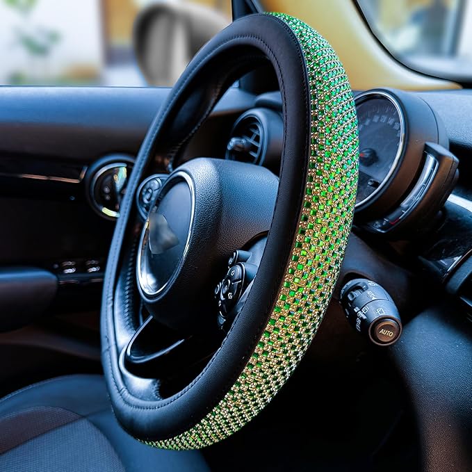 PINCTROT Large Size Bling Comfy Steering Wheel Cover with Jumbo Crystal Rhinestones, Anti-Slip Diamond Leather, 15.5-15.75 Inch (Vivid Green)