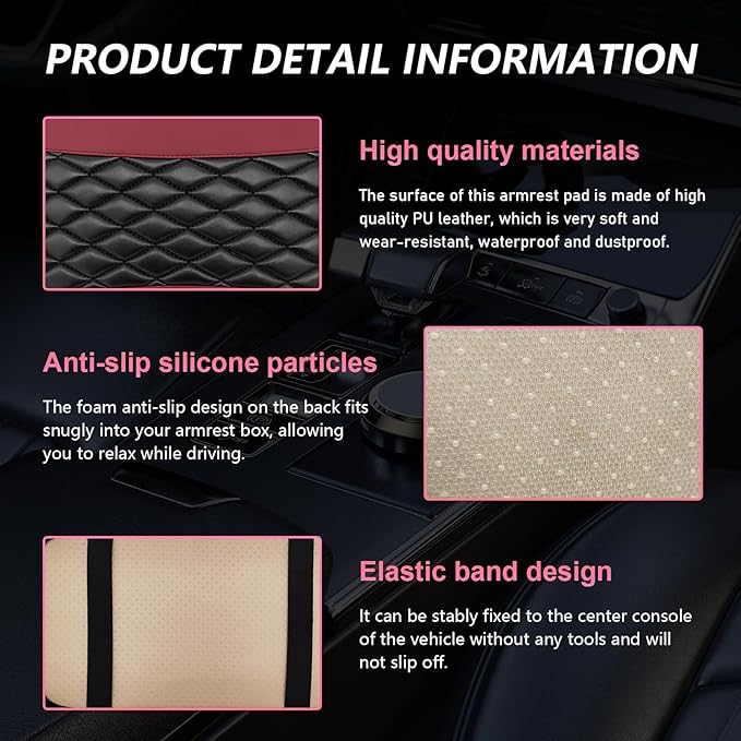 Car Center Console Cushion Pad, PU Leather Waterproof Auto Armrest Box Cover Protector, Comfortable Armrest Seat Box Cover Mat, Universal Car Accessories for SUV Truck (Wine Red)