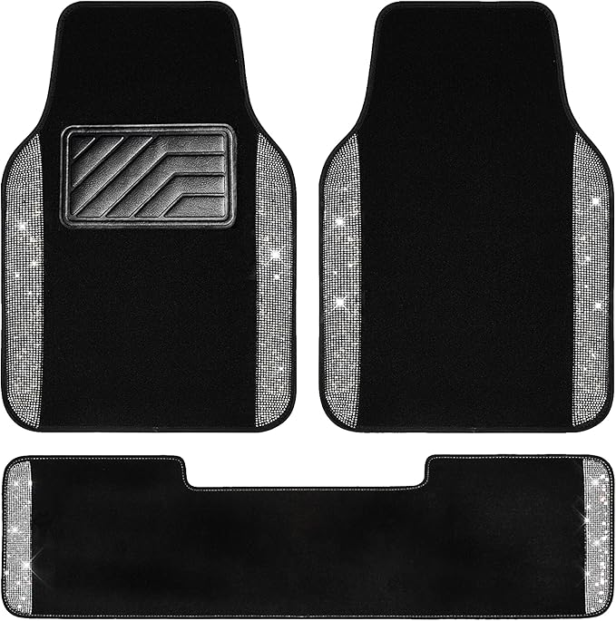 CAR PASS Bling Diamond Car Mats Shining Carpet Crystal Rhinestones Sparkly Glitter Floor Mats with Anti-Slip PVC Heel Pad Universal for Automotive SUV, Sedan, Van, 3pcs for Girl Women, Black Silver