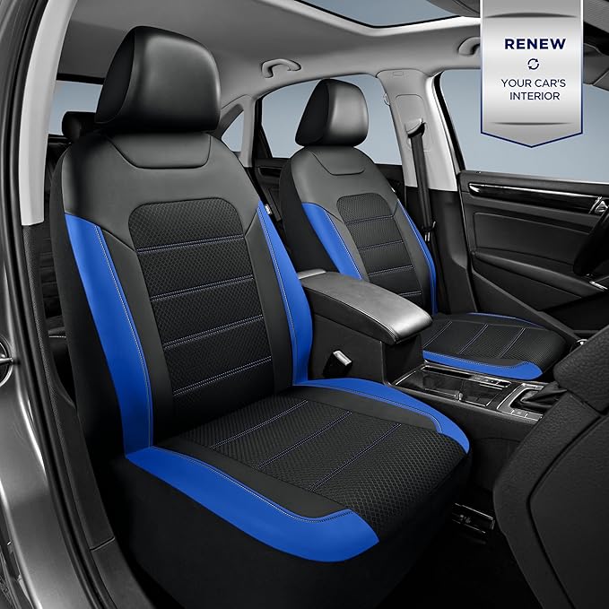 PIC AUTO Car Seat Covers, Premium Leather and Air Mesh Automotive Sports Seat Covers, Two Front Set, Airbag Compatible Universal Fits Most Cars, SUVs, Trucks and Vans (Black & Blue)