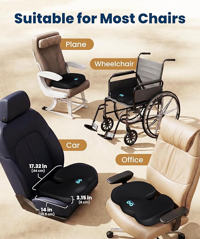 Everlasting Comfort Doctor Recommended Memory Foam Seat Cushion for Office Chairs & Car - Ergonomic Office Desk Accessories - Cushions for Tailbone Pain Relief, Sciatica (Black, Large)