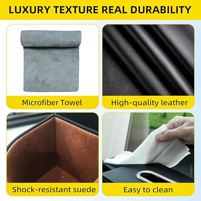 Back Seat Car Organizer with one Towel Leather wood materials Car Back Seat Storage Box 2 Drink Cup Holder Tissue Box for Hold Phone Drinks Handbag Compatible with Most Vehicles (Black)