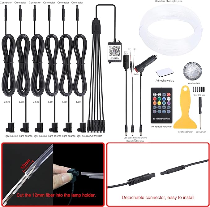 8 m Optic Fiber Car Ambient Lighting Kit Bluetooth App Control + RF Remote Control 64 Colors Multicoloured Music Interior Lighting Kit 12V 1W