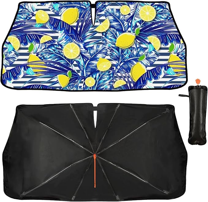 CHILL·TEK Funny Car Windshield Sun Shade Umbrella, Yellow Lemon Car Sun Shade Umbrella, Block UV Rays Heat Foldable Windshield Umbrella Sun Visor Protector - Keep Vehicle Cool for Cars SUV
