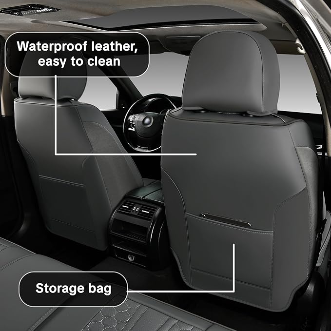 Car Seat Cover Set, Gray Automotive Interior Accessories, with Lumbar Support, Premium Nappa Leather, Waterproof, Non-Slip, Easy Installation, Universal Fit, Airbag Compatible