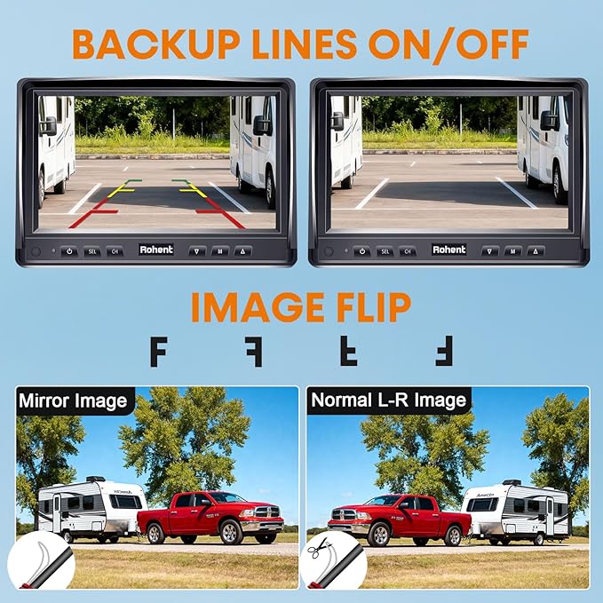 Dual RV Backup Camera System: 7" Monitor with Split Screen No Lag Easy Installation Plug and Play HD 1080P Rear View Camera Wired Kit IP69 Waterproof IR Crystal Night Vision for Truck Tractor R4
