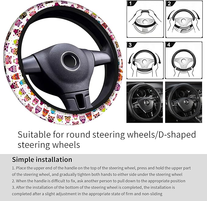 Car Steering Wheel Cover, Universal 15 Inch Neoprene Non-Slip Steering Wheel Covers, Funny Car Accessories for Women Men Fit Auto, Suvs, Truck Cute Colorful Owls