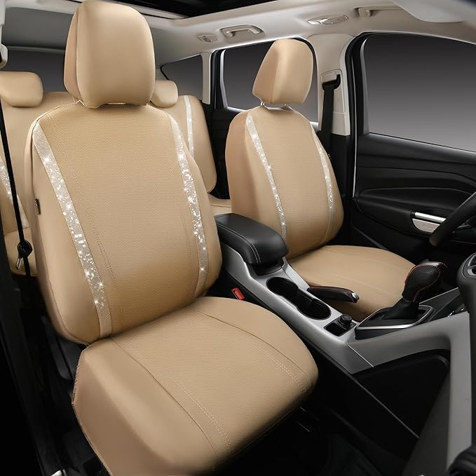 CAR PASS Bling Diamond Car Seat Covers Full Set, Shining Glitter Rhinestone Waterproof Faux Leather Interior Sets Universal Fit Automotive Glitter Crystal Sparkle Strips for Cute Women Girl, Beige