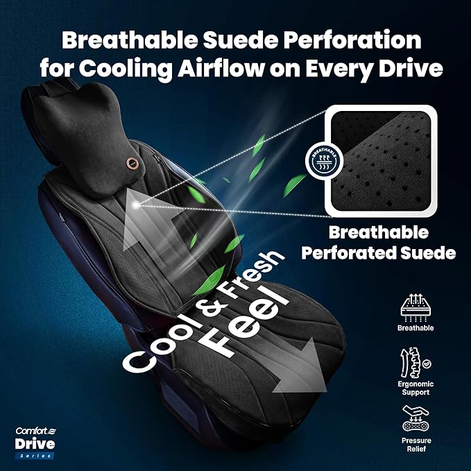 Car Seat Cushion with Back & Neck Support, Breathable Perforated Suede Seat Cushion for Drivers, Non-Slip Ergonomic Design for Long Drives, Daily Commute & Travel
