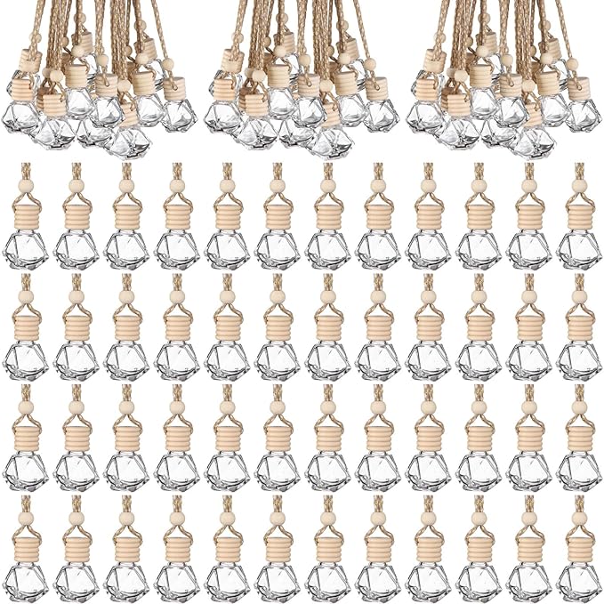 210Pcs 8ml Hanging Car Air Freshener Diffuser Empty Clear Glass Essential Diffuser Oil Aromatherapy Fragrance Perfume Pendant Glass Vials with Wooden Caps Hanging String Car Diffuser Bottles