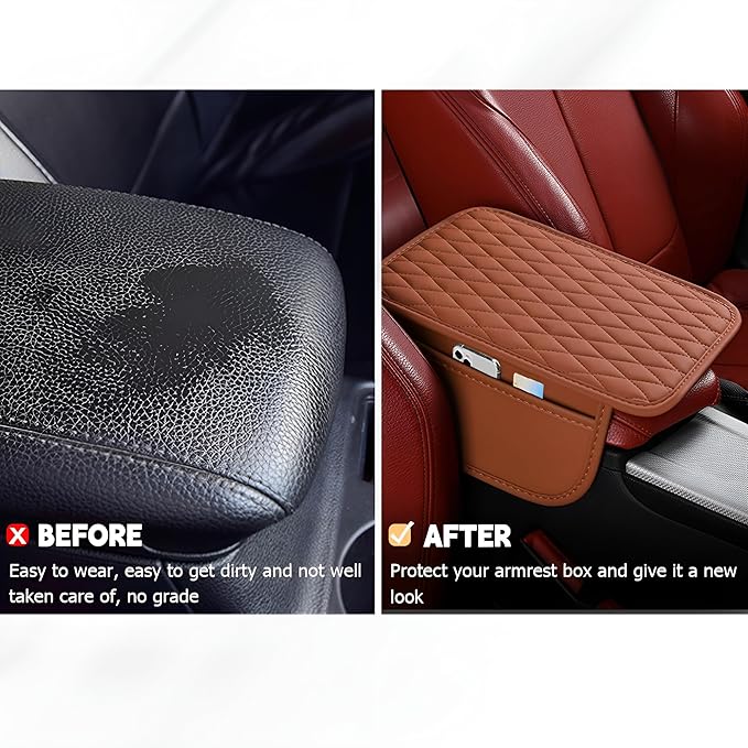 Car Center Console Cover, Leather Vehicle Armrest Seat Box Cushion Pad with Storage Bags, Waterproof Automotive Middle Console Protector, Universal for SUV RV Truck (Brown)