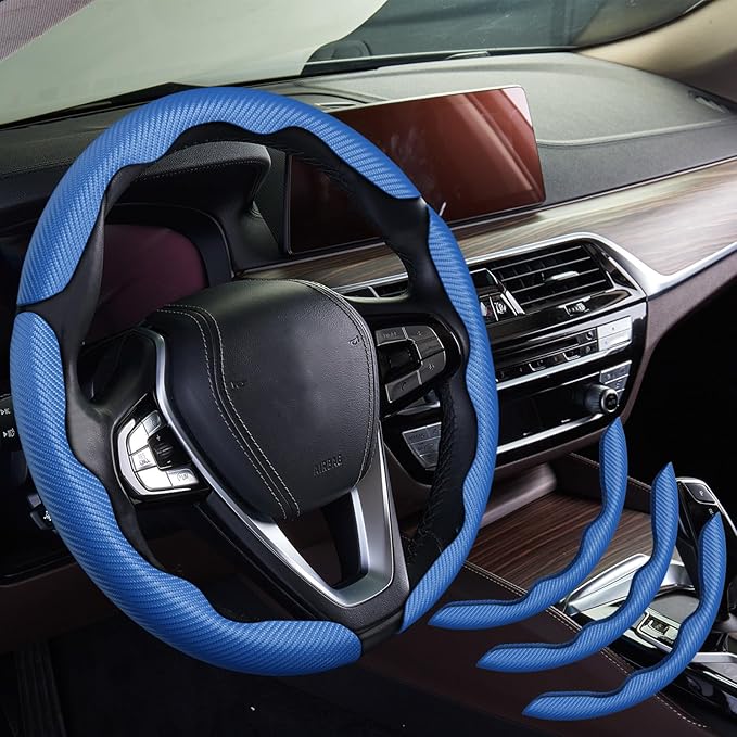 WOCOCN 3pcs Car Steering Wheel Cover,Anti-Skid Carbon Fiber Steering Wheel Protector for Men Women,Multiple Color Options,Universal for Most Car Interiors Accessories (Bule 3PCS)