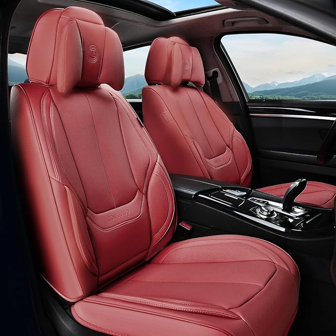 Coverado Universal Seat Covers Full Set, Universal Seat Covers for Cars, 5 Seats Waterproof Nappa Leather Car Seat Covers with Head Pillow, Auto Protectors Fit for Most Sedans SUV Pick-up Truck-Red