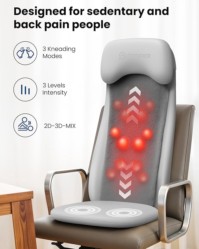 COMFIER Shiatsu Back Massager with Heat, Deep Tissue Kneading Chair Massager with Vibration, 2D/3D Shiatsu Massage Seat Cushion, Full Back Massage Chair Pad
