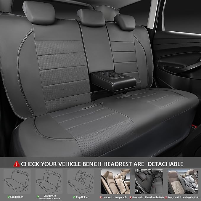 CAR PASS Piping Faux Leather Car Seat Cover Full Set,Grey Breathable Leather Seat Covers for Cars, Airbag Compatible,Universal Fit for SUVs,Van,Sedans,Small Trucks (Full Set, All Gray)