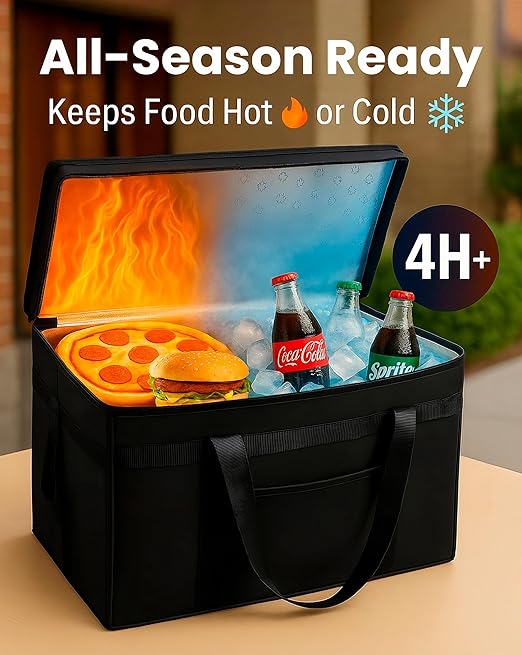 Bodaon Insulated Food Delivery Bag with Included Baseboard, Heavy-Duty Thermal XXXL Cold/Hot Lunch Warmer for Delivery Drivers, Reusable Grocery Carrier for Pizza, Drinks, Camping, Commercial, Black