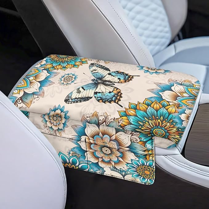 Dreaweet Thick Center Console Cover Boho Butterfly Car Arm Rest Cover for Women Car Armrest Storage Box Mat Soft Comfy Arm Rest Cushion Pads for SUV Truck Sedan Vehicle